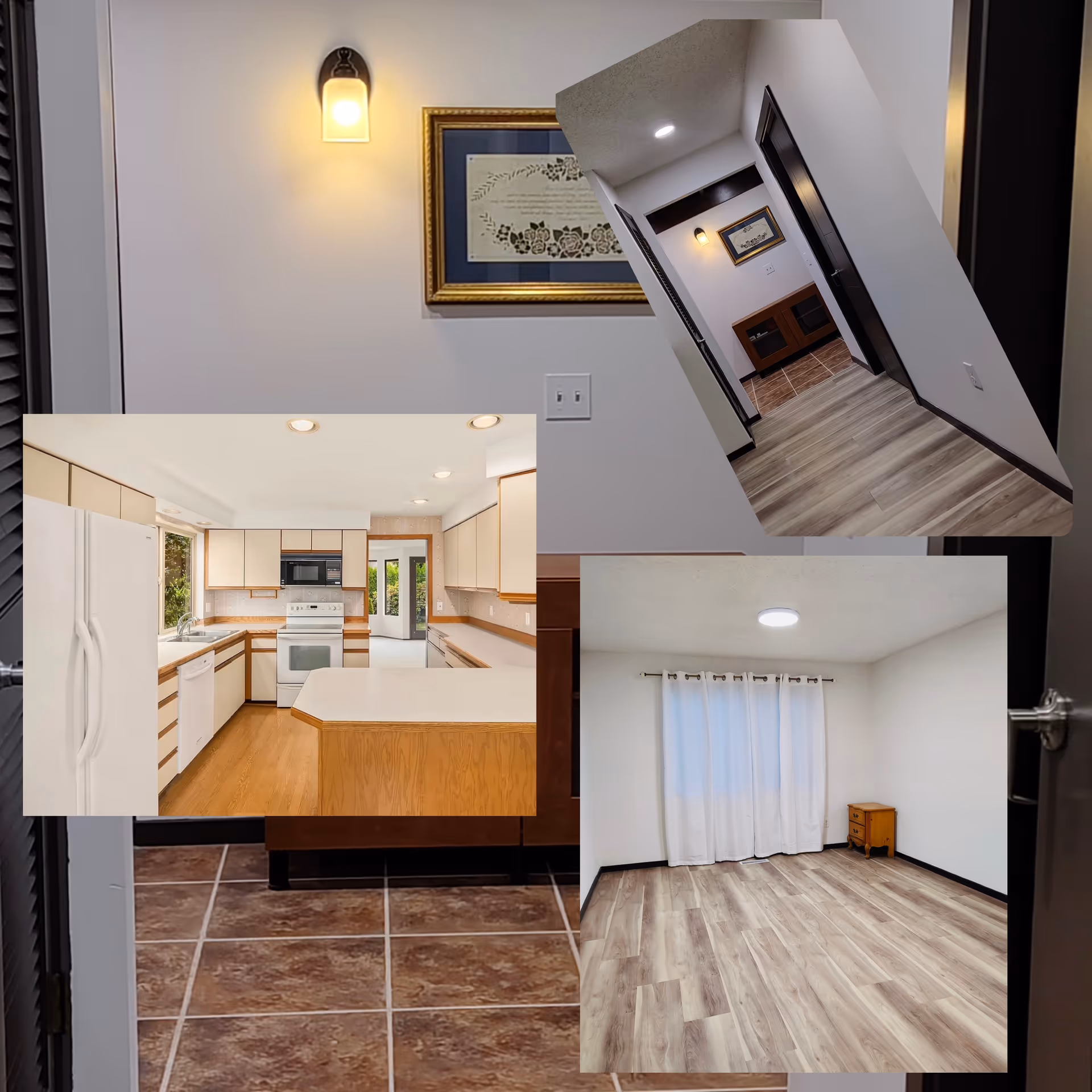 Collage shows a kitchen, living area, and empty room in a residential senior home.