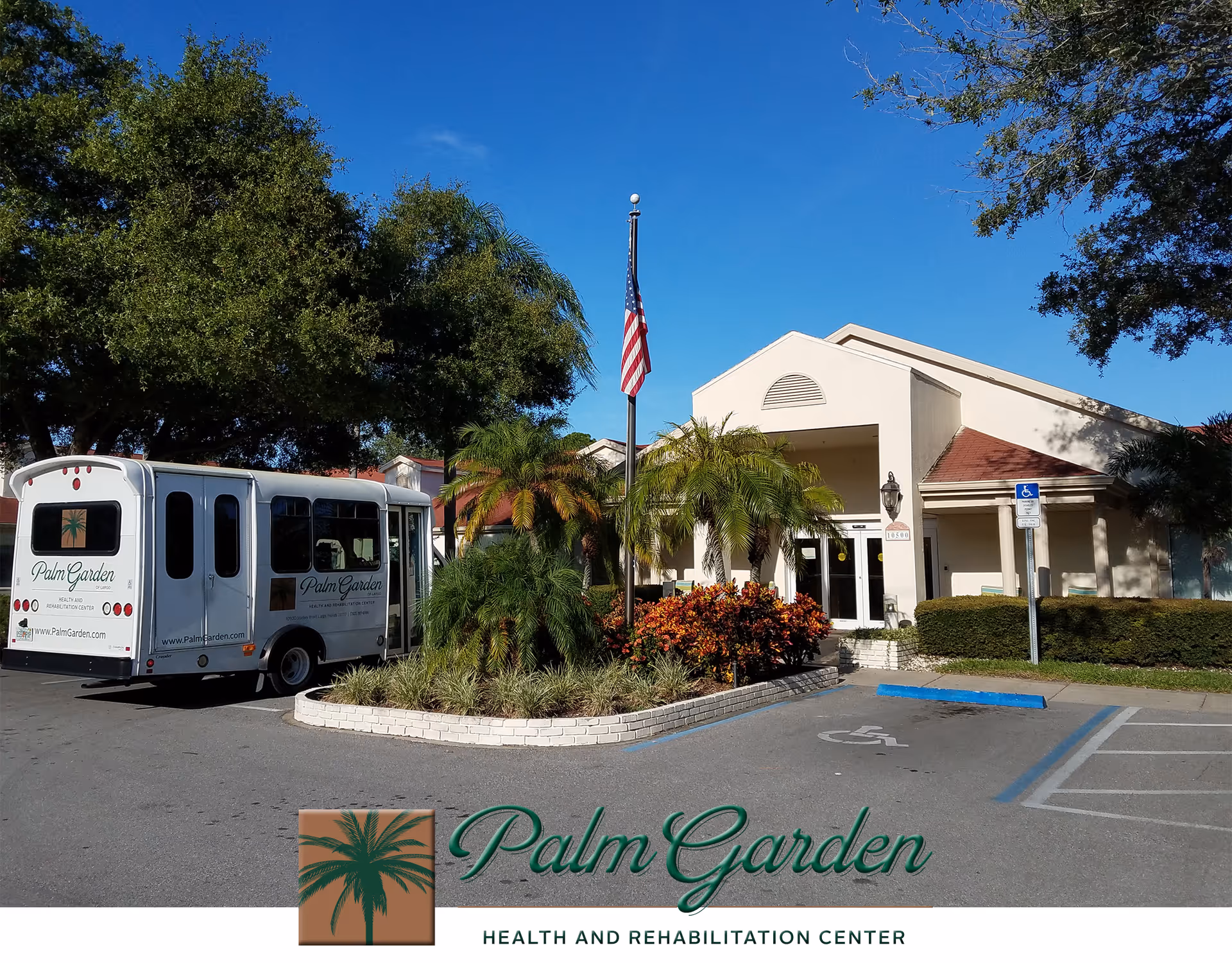 Palm Garden facility exterior with entrance, palm trees, and a parked bus.