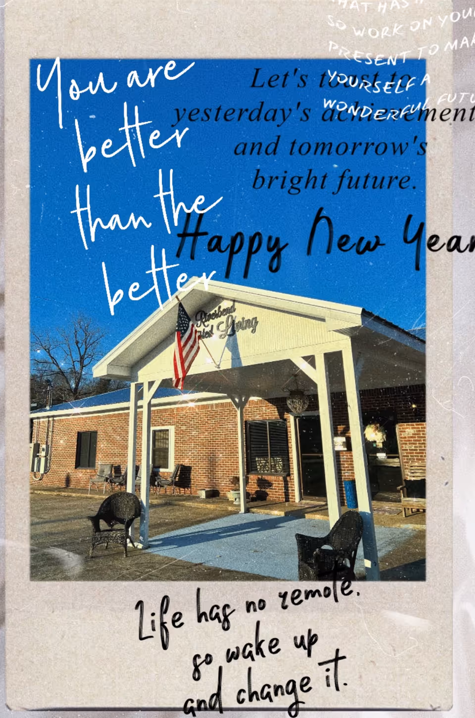 Front view of a brick care facility with a covered entrance and outdoor chairs.