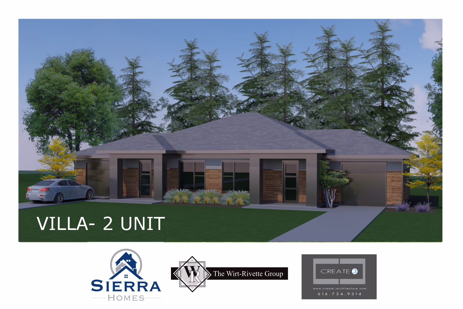 Architectural rendering of a single-story two-unit villa with driveways, landscaping and trees, labeled "VILLA- 2 UNIT".