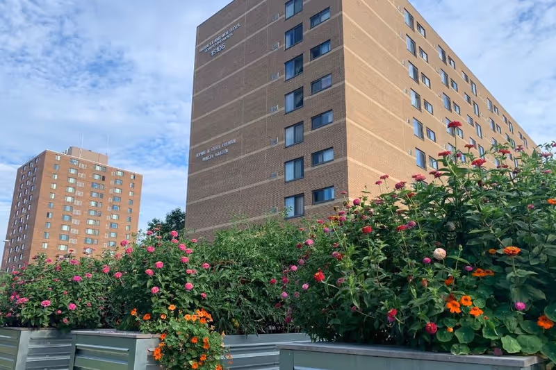 Brick high-rise apartment buildings seen above planters of colorful flowers under a partly cloudy sky.