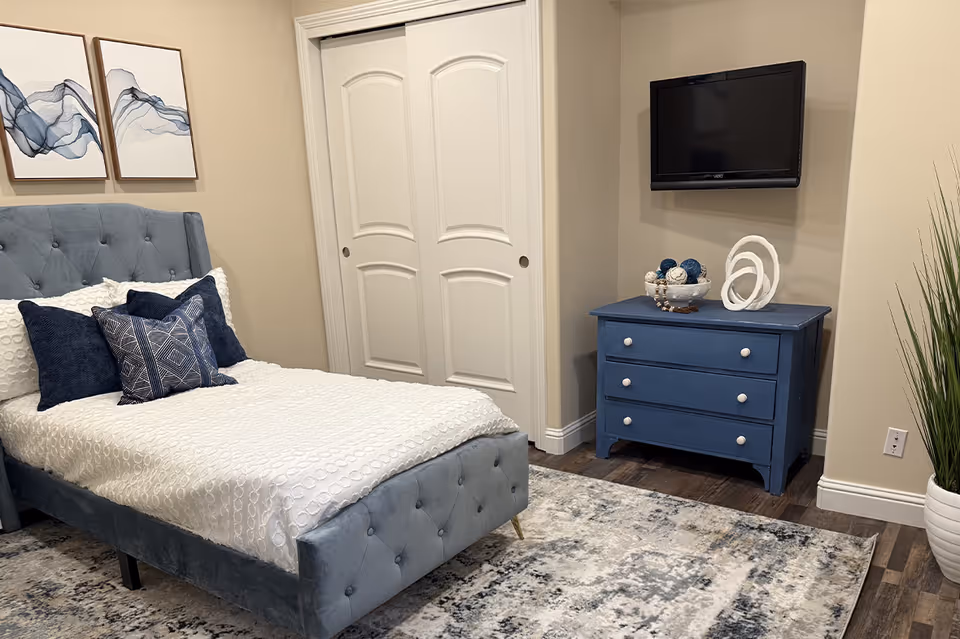 Blue upholstered bed with white bedding, dresser, TV, and artwork in a cozy bedroom.