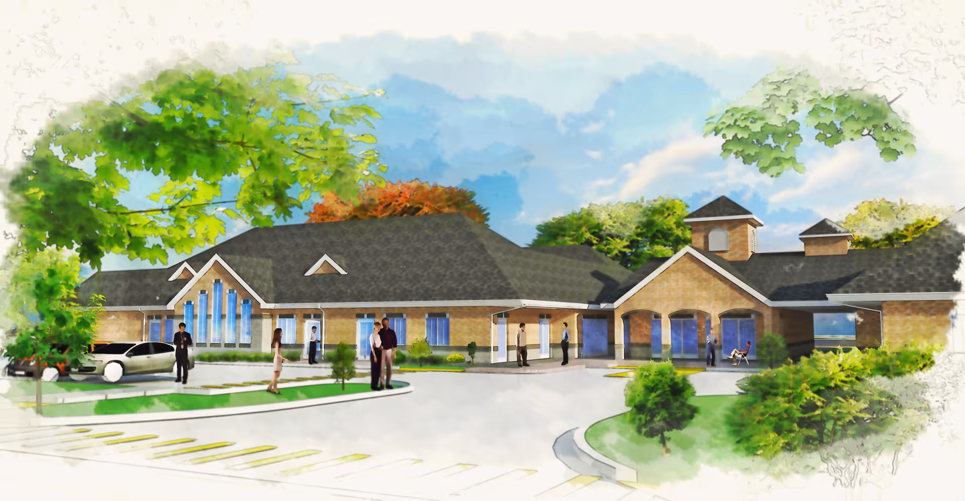 Illustrated exterior of Optimum Personal Care Sugar Land building with several people outside.
