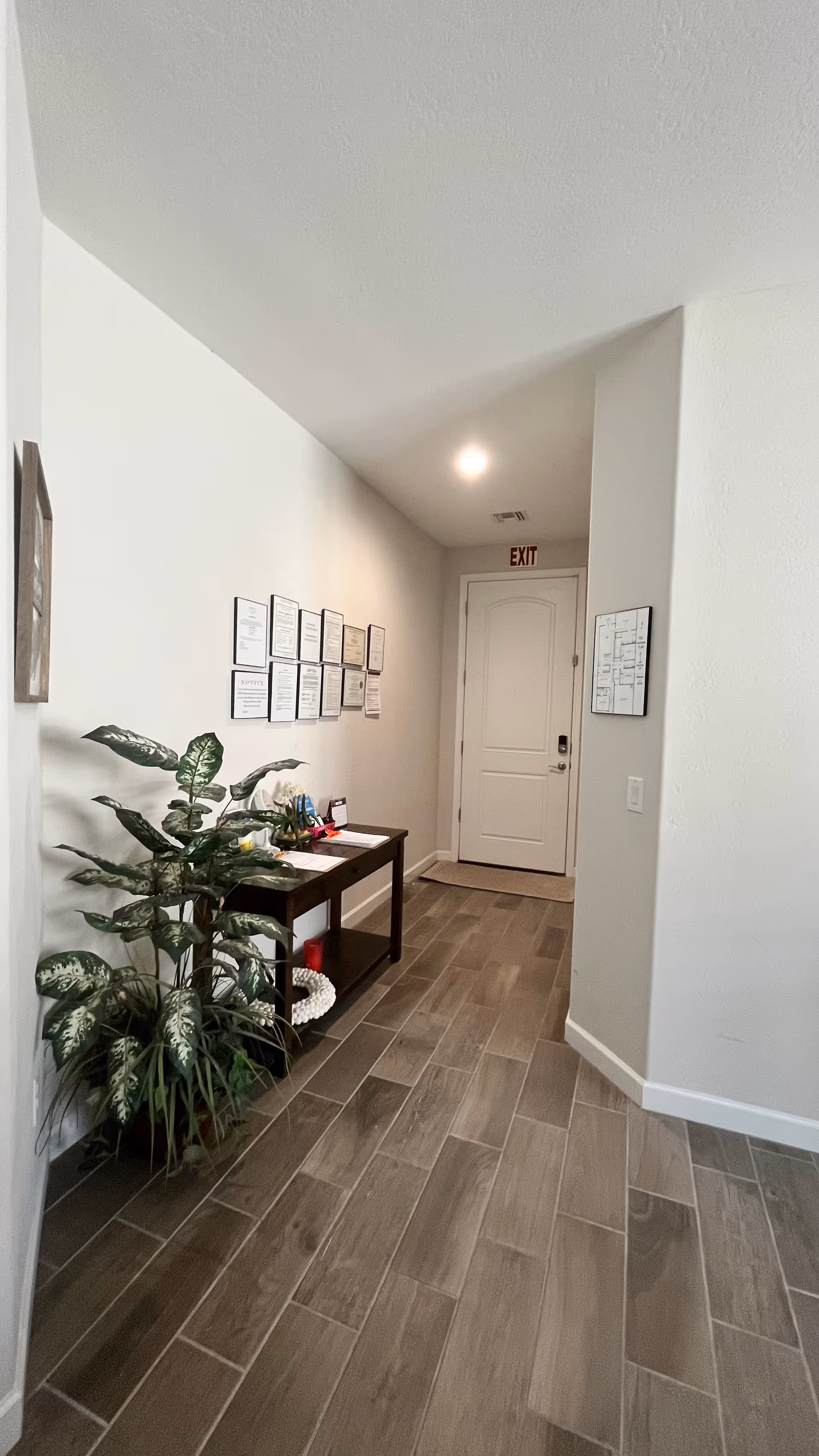 Hallway in a senior living facility with wall certificates, a plant, and a table.