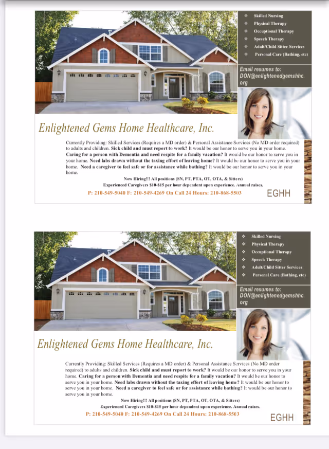 Front view of a two-story house with garage and care services advertisement panel.