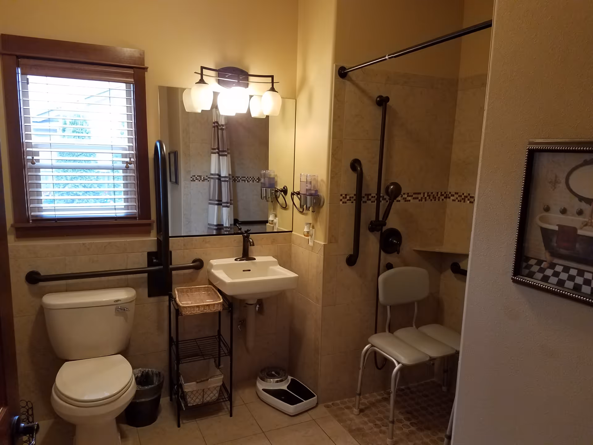 Bathroom with toilet, wall-mounted sink and mirror, multiple grab bars, and a shower area with a shower chair.