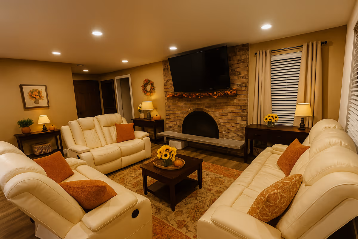 Cozy living room with cream sofas, brick fireplace, and a wall-mounted TV.