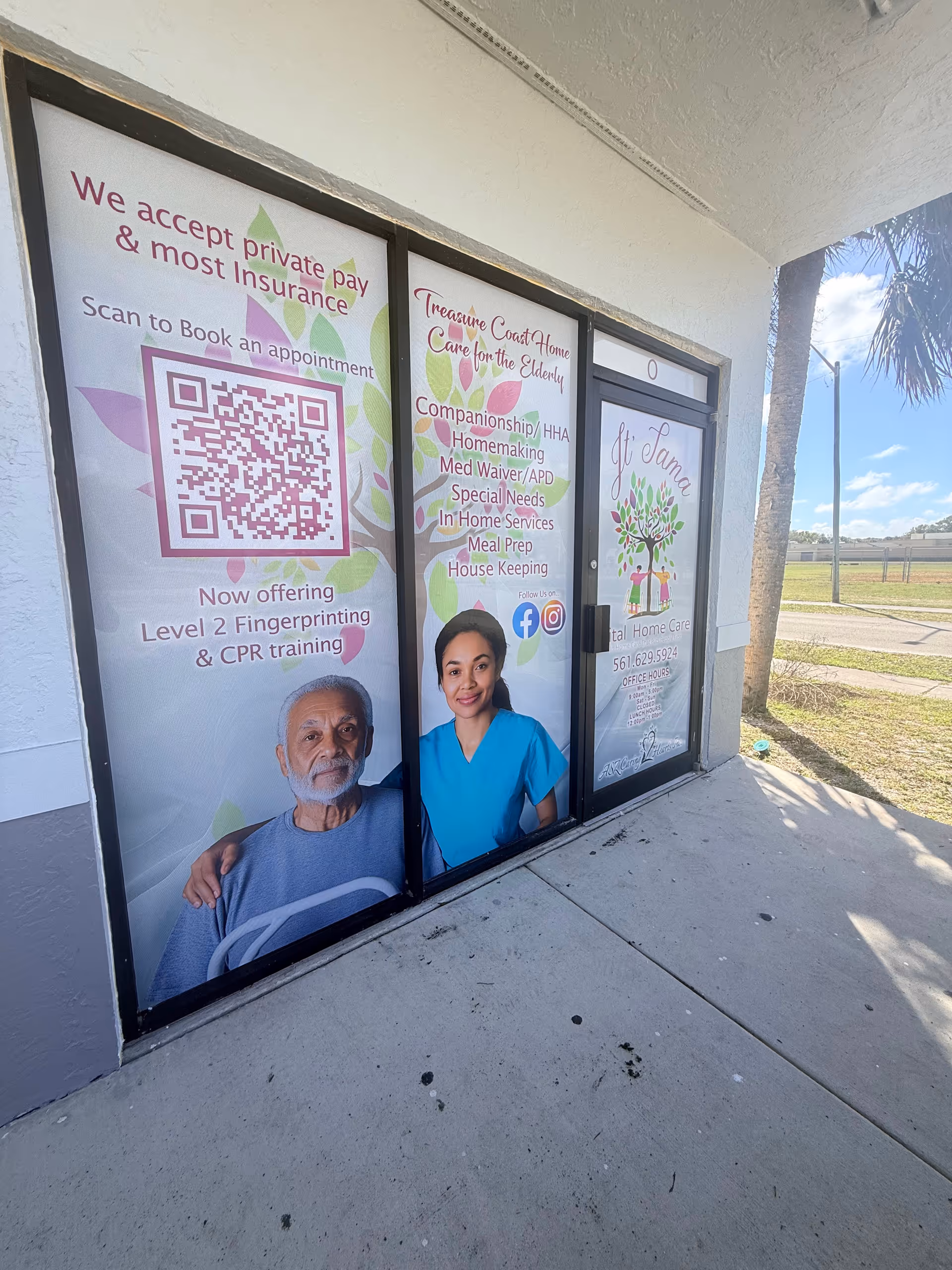 Exterior view of JT'TAMA Vital Home Care front with promotional window posters.