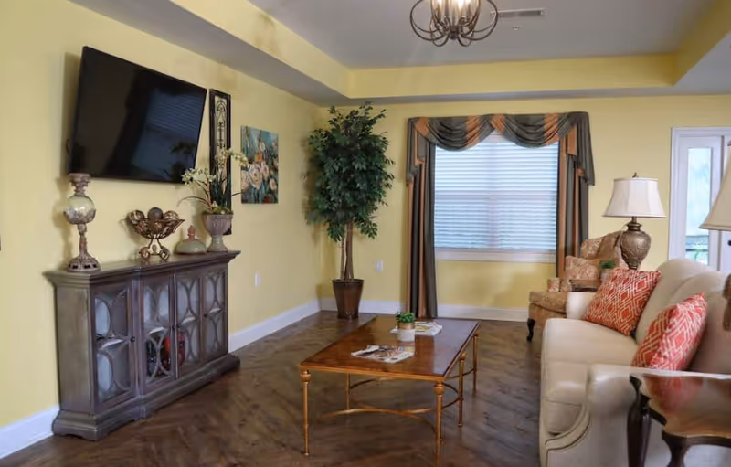 Yellow living room with sofa, coffee table, TV, plants, and curtains.