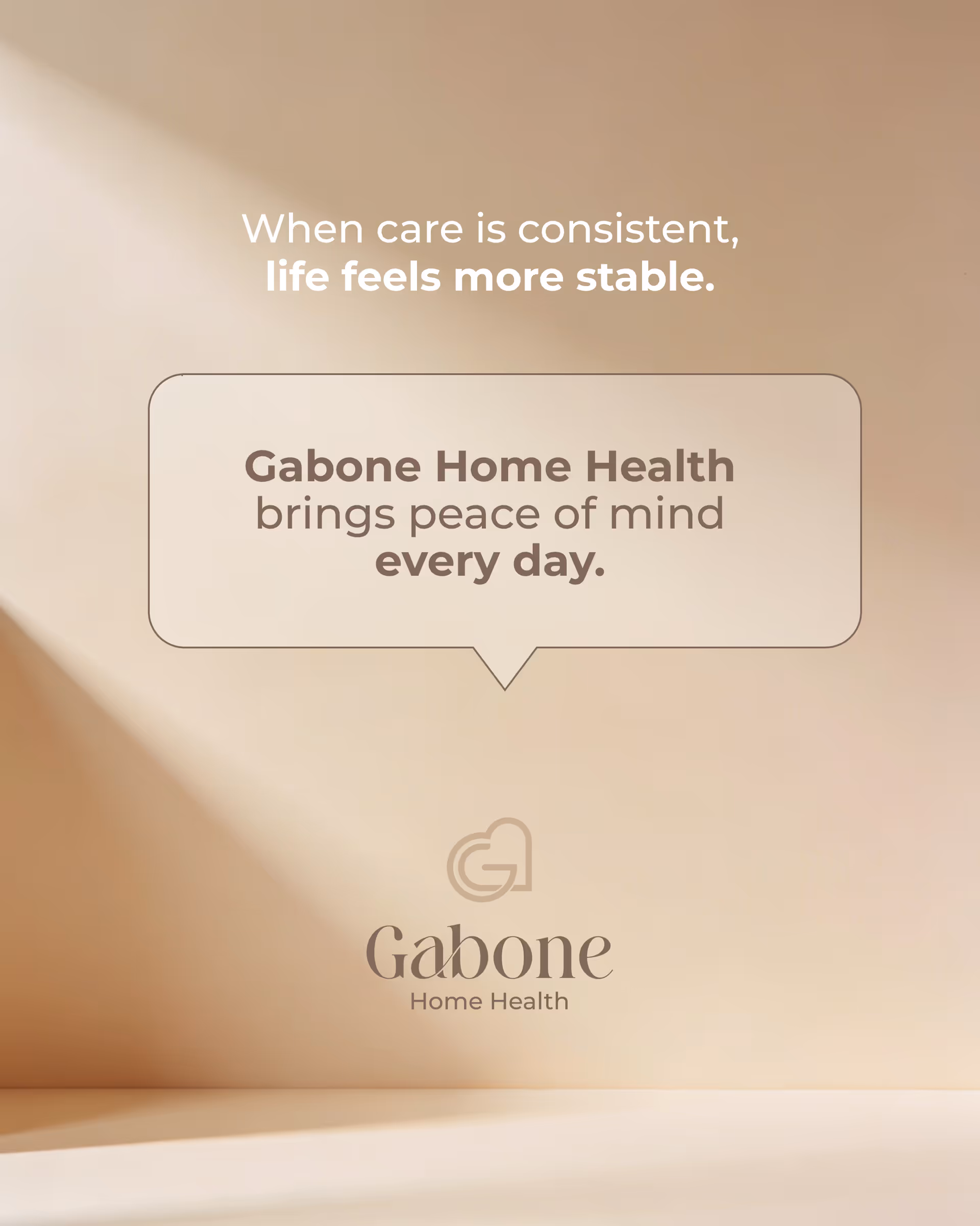 Cream-colored wall with Gabone Home Health promotional message and logo.