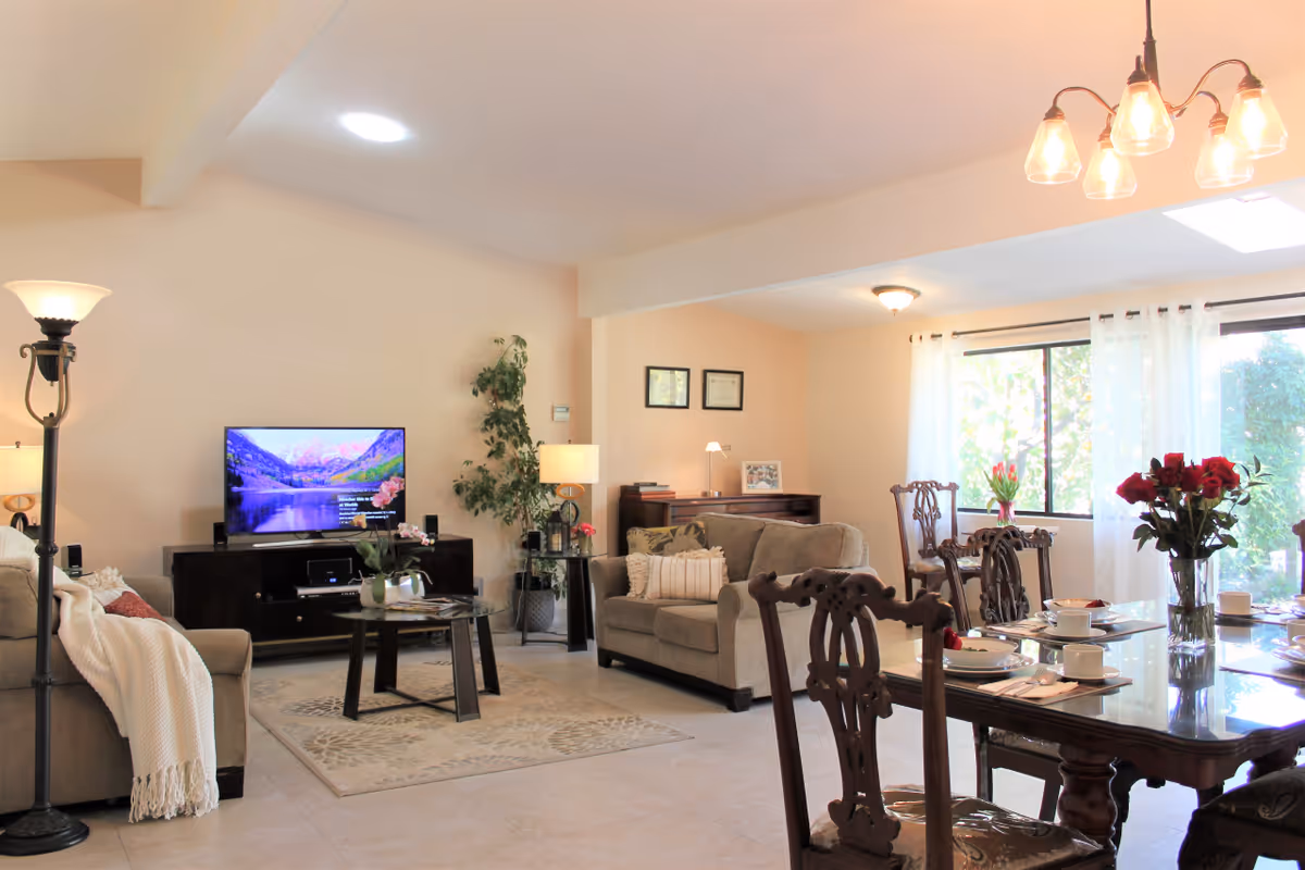 Spacious living area with sofas, dining table, TV, and bright windows in a cozy lounge.