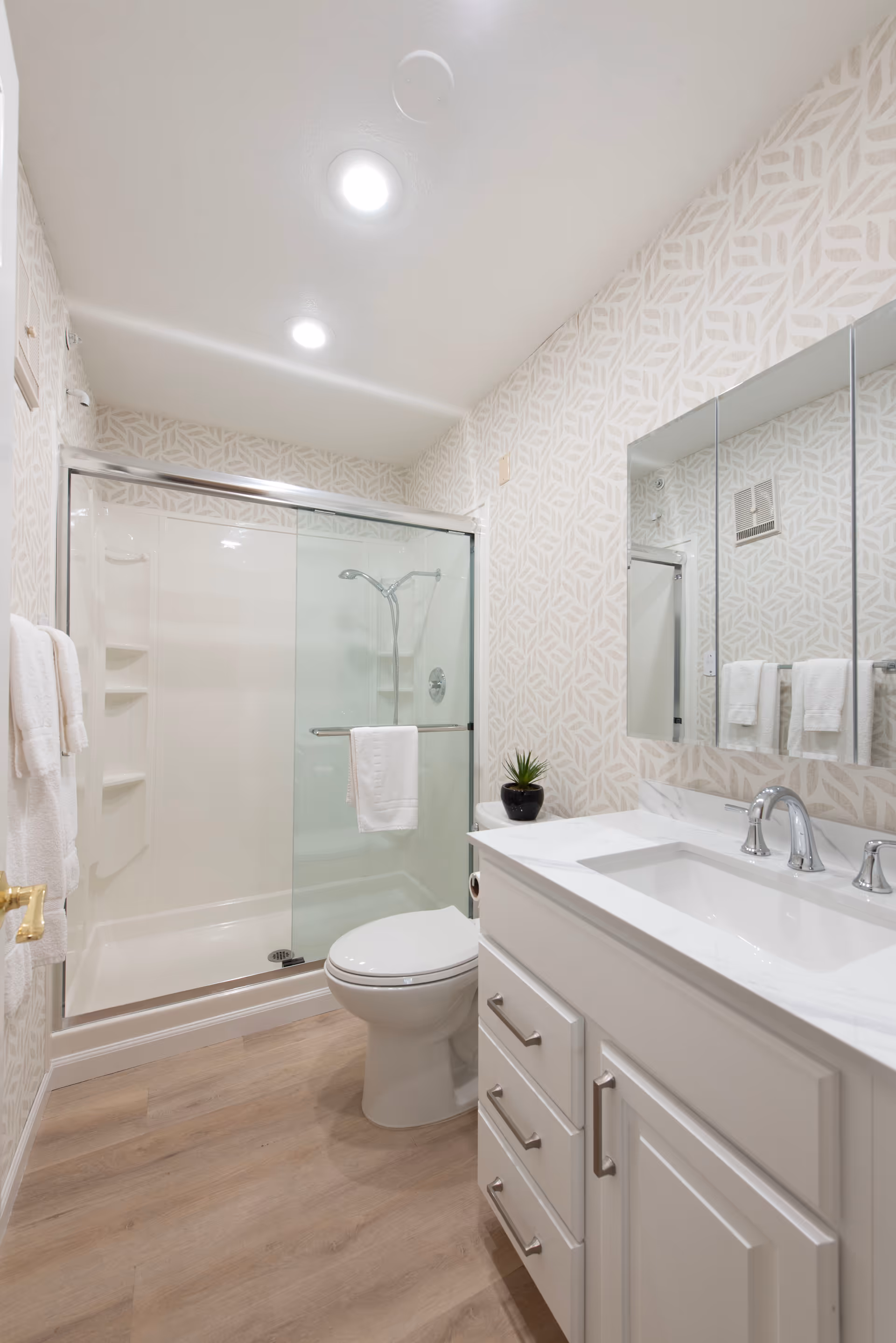 Bright, modern bathroom with glass shower, toilet, and white vanity.