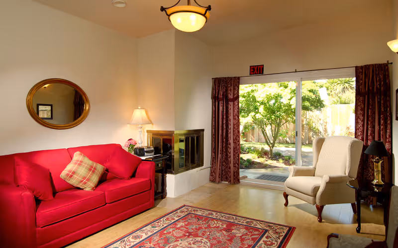 Bright living room with a red sofa, armchair, fireplace, rug, and sliding glass door opening to a garden.