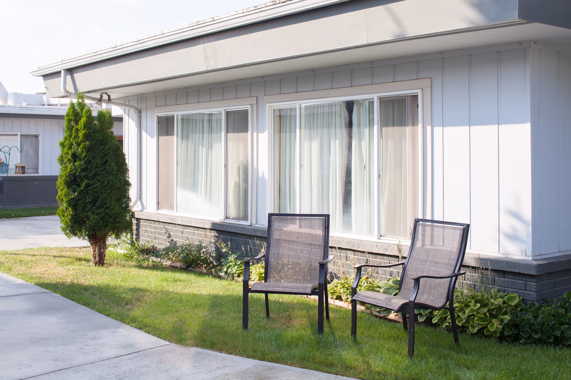 Two outdoor chairs on a lawn in front of a single-story light-colored building with large windows and a small evergreen tree.