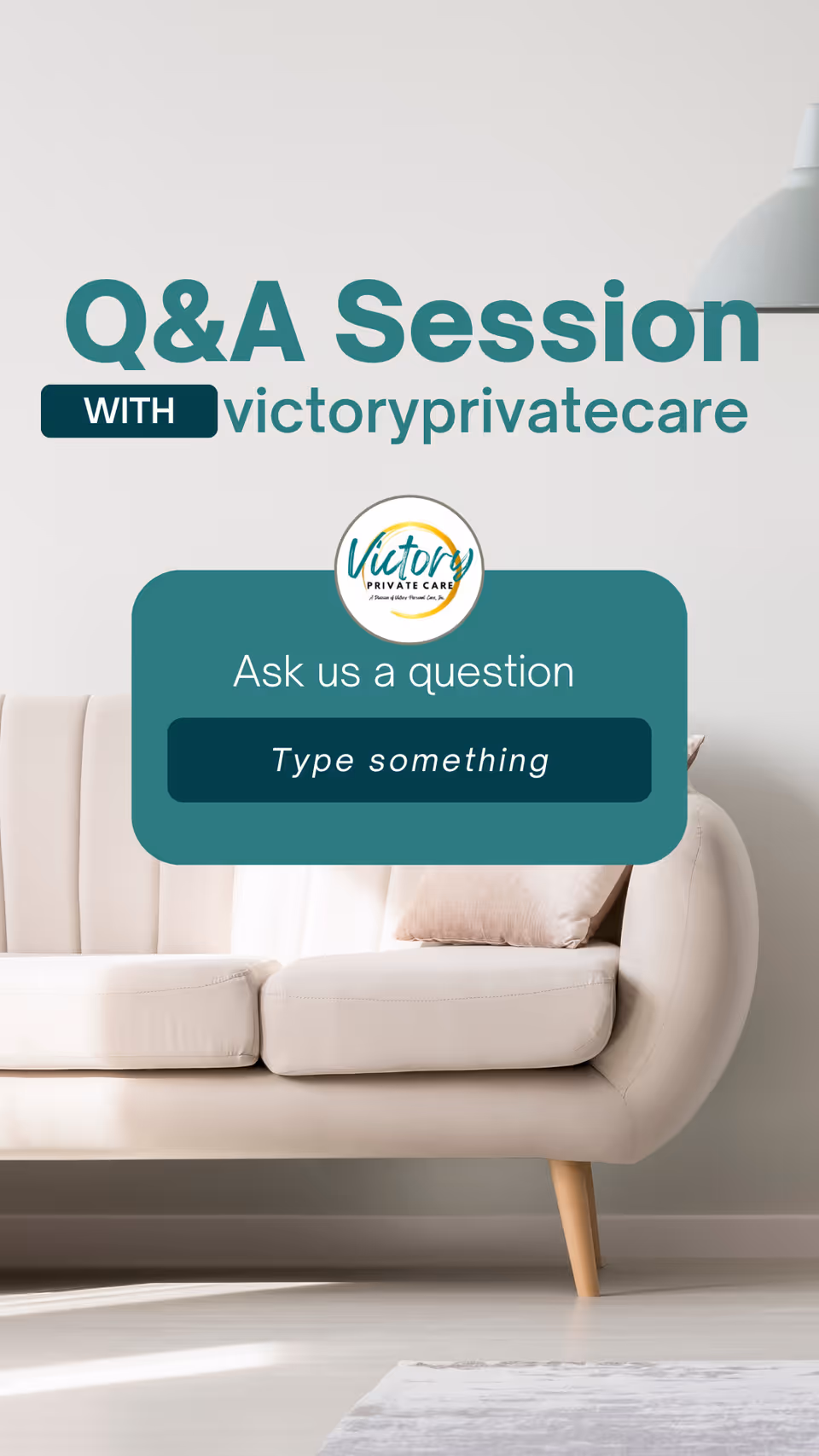 A cozy living room with a beige sofa and promotional overlay for a Q&A session.