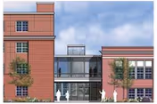 Exterior view of a brick senior residence with glass entryway and people near entrance.