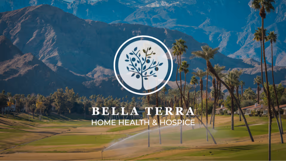 Bella Terra Hospice logo centered over a desert golf course and palm trees.