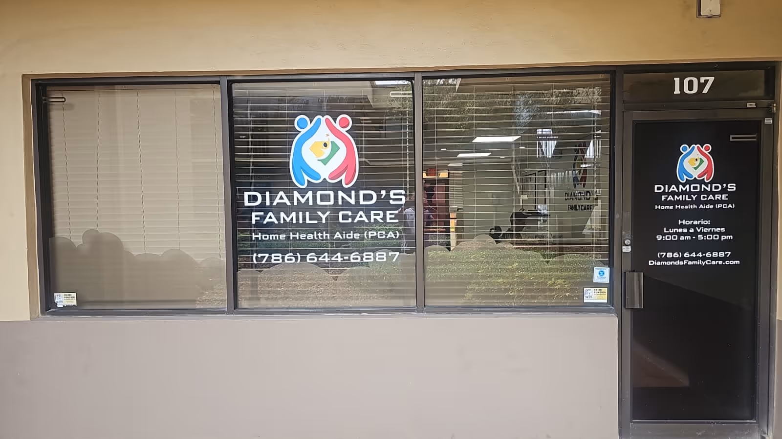 Front storefront of Diamond's Family Care Inc with glass windows and a black door.
