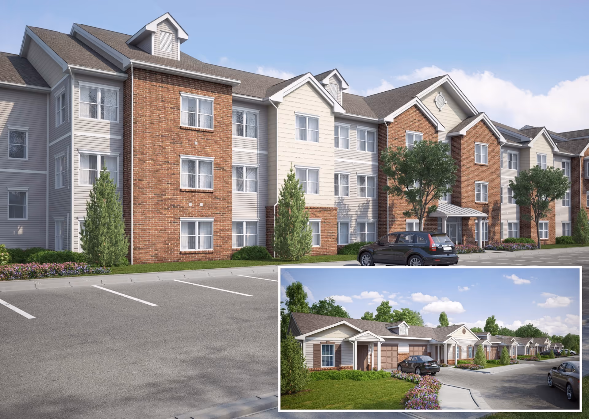 Multi-story senior living building with brick and beige siding, parking lot, and landscaped grounds.