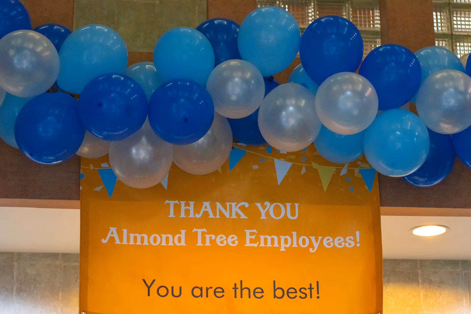 Indoor celebration banner and blue balloons in a facility atrium.