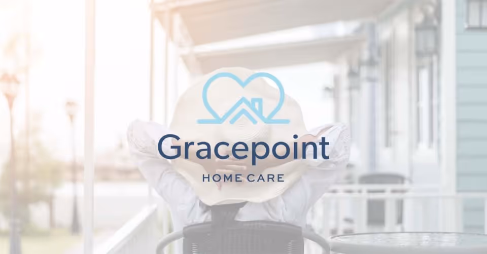Outdoor porch scene with a person in a wheelchair and Gracepoint Home Care logo.
