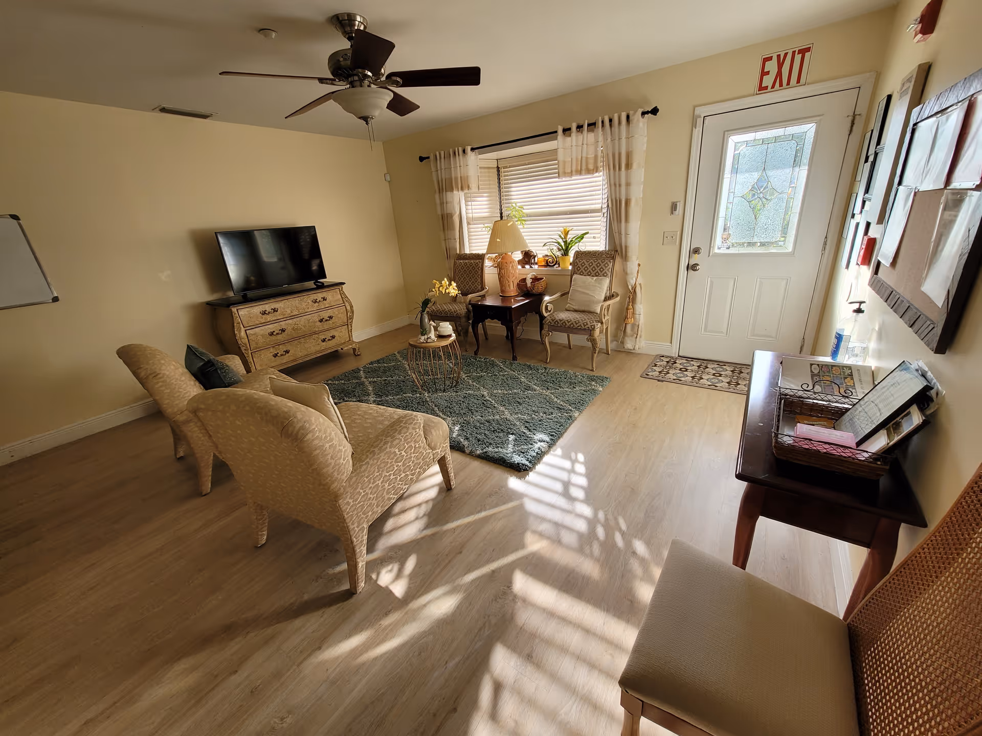 Cozy senior living room with seating, TV, plants, rug, and exit door.
