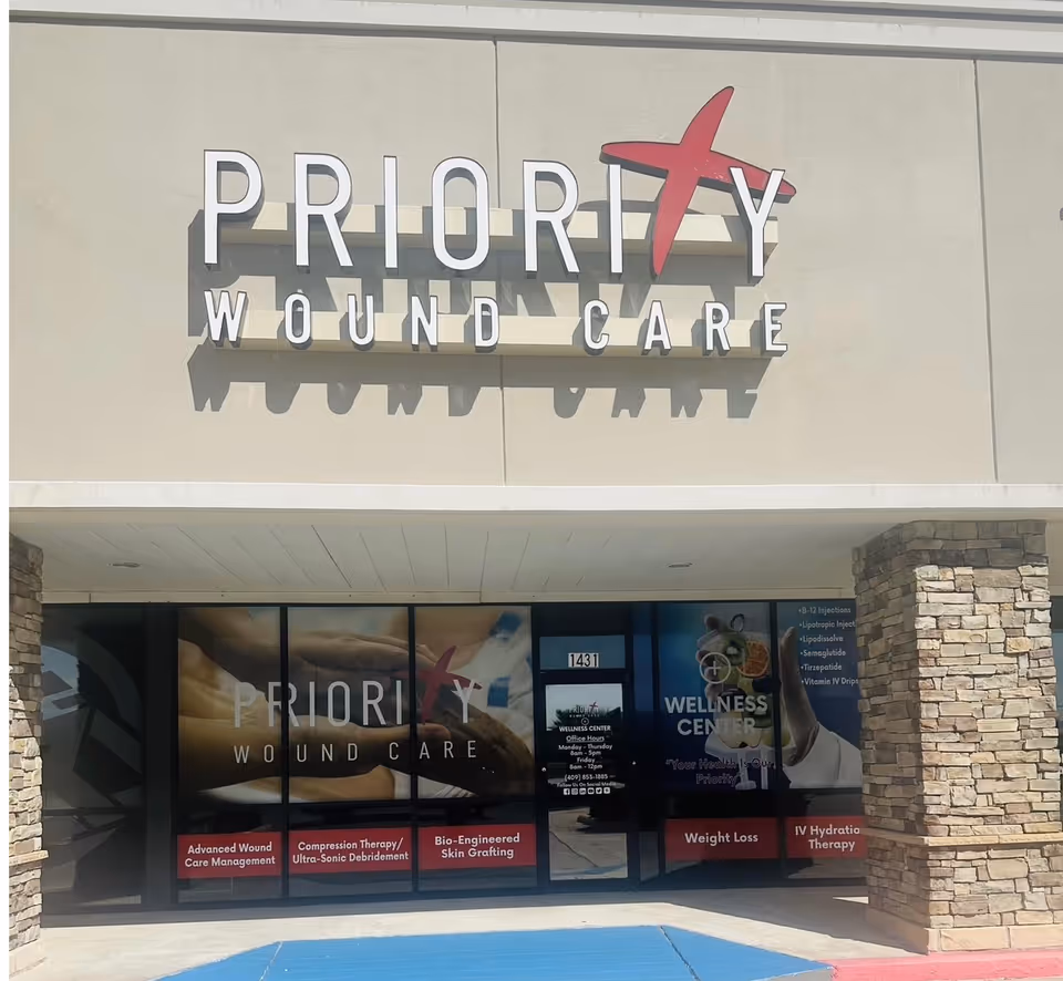 Exterior of a building with Priority Wound Care sign and glass storefront