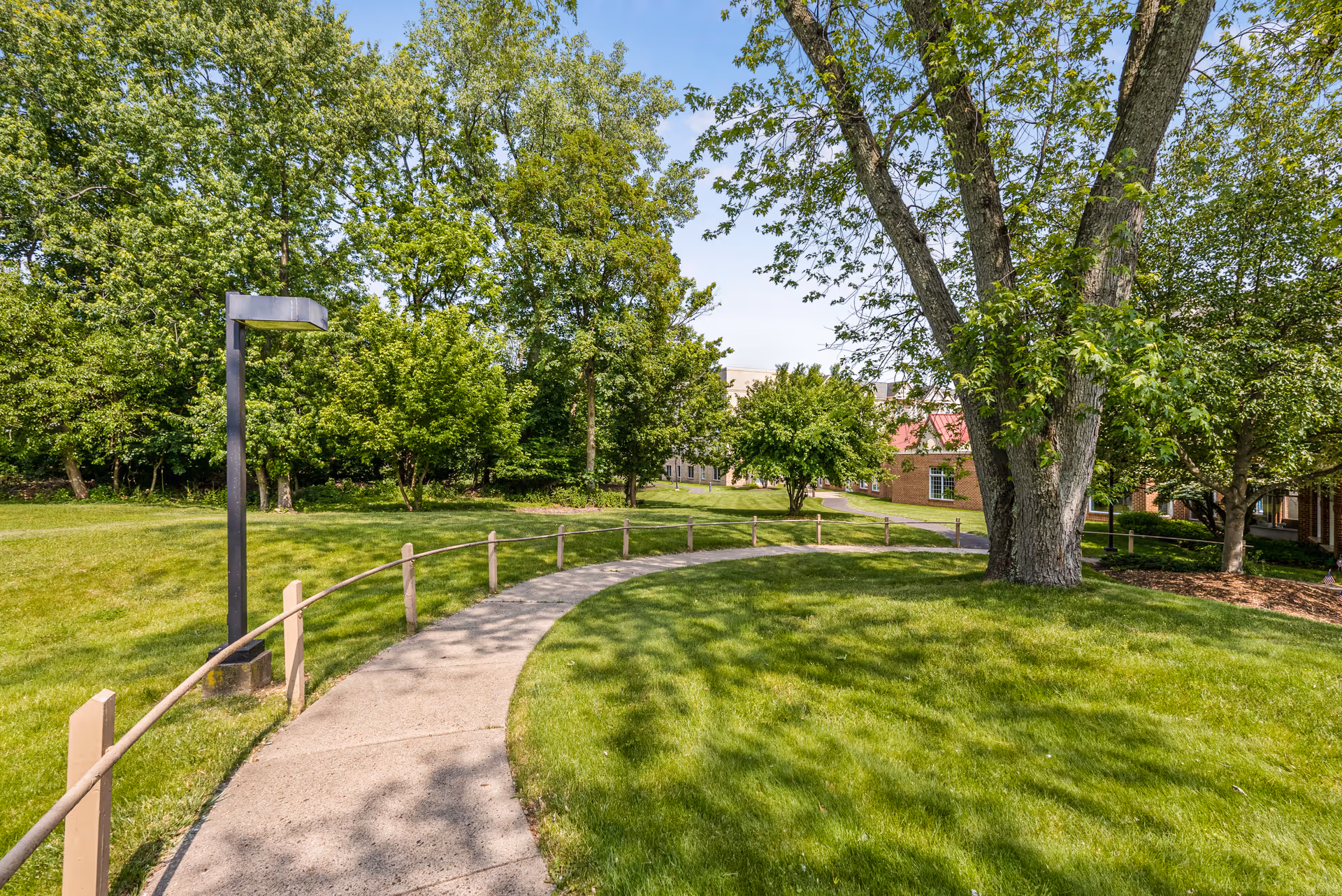 A curved concrete pathway bordered by a low wooden railing runs through a green grassy area with large trees and bushes. A modern streetlamp is positioned along the path. In the background, parts of a brick building with windows are visible under a clear blue sky.