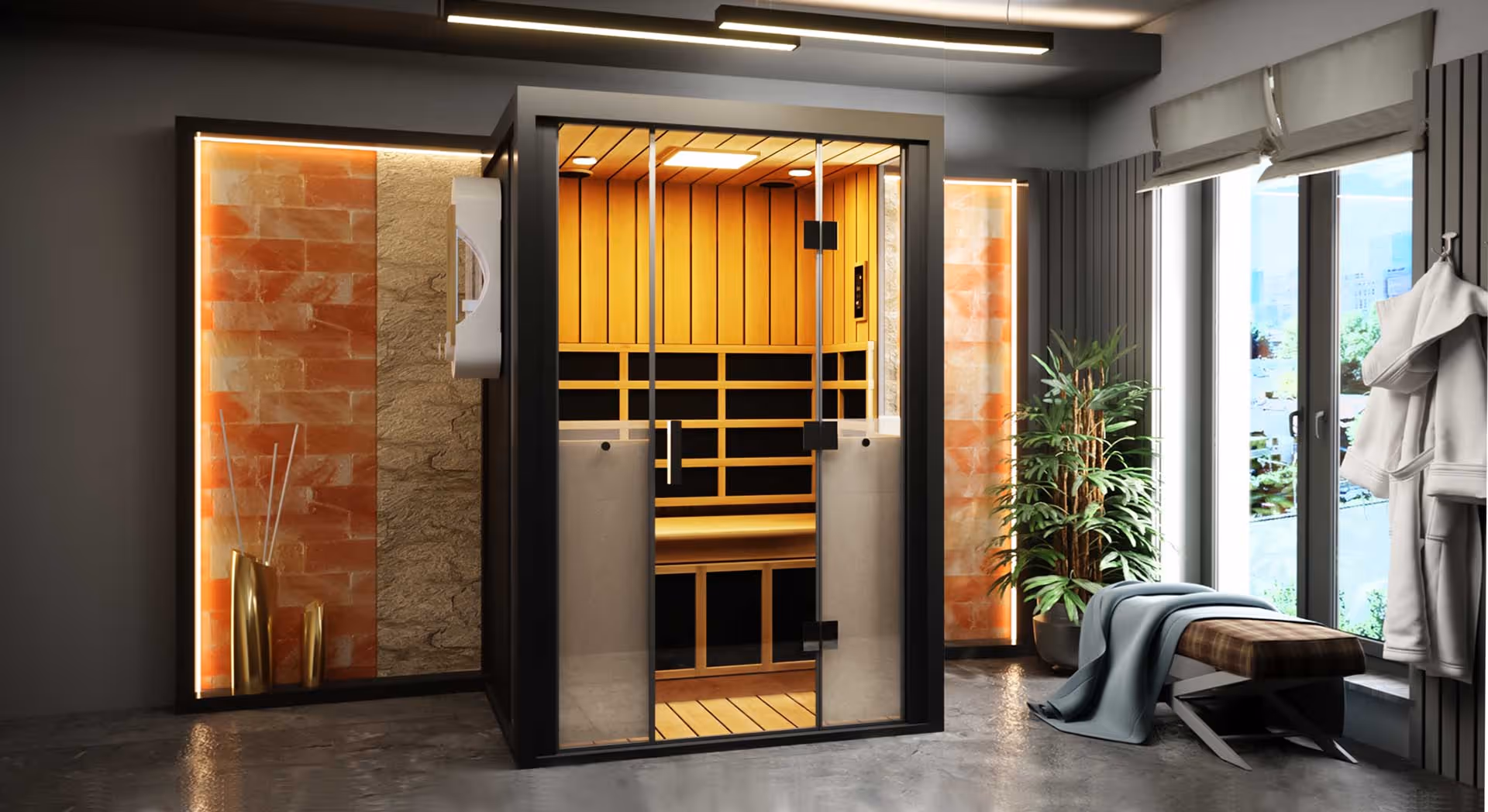 Glass-door sauna with wooden interior, bench, plant, and towel-draped seating.