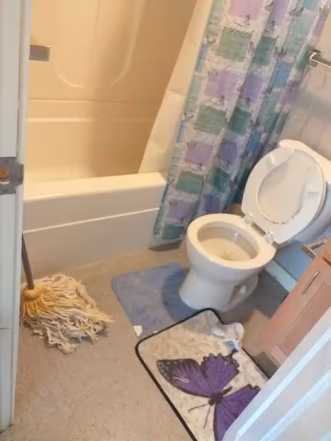 Small bathroom with tub/shower, toilet, colorful curtain, mop, and butterfly rug.