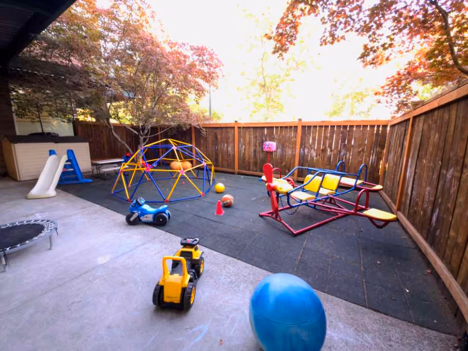 An outdoor play area with slides, a climbing dome, and colorful toys behind a wooden fence.