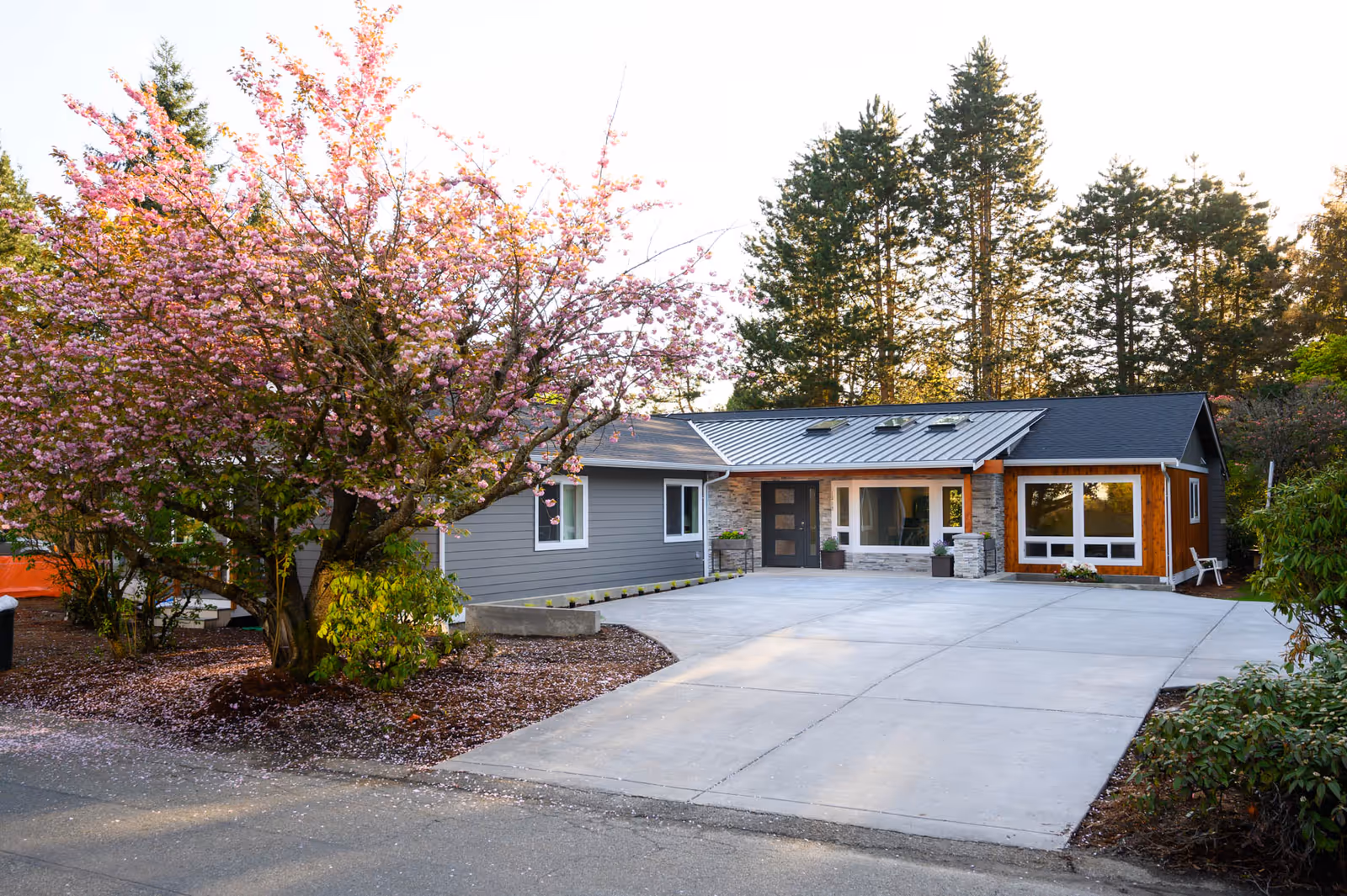 Front exterior of Cornerstone Adult Family Home with a wide driveway and blooming tree.