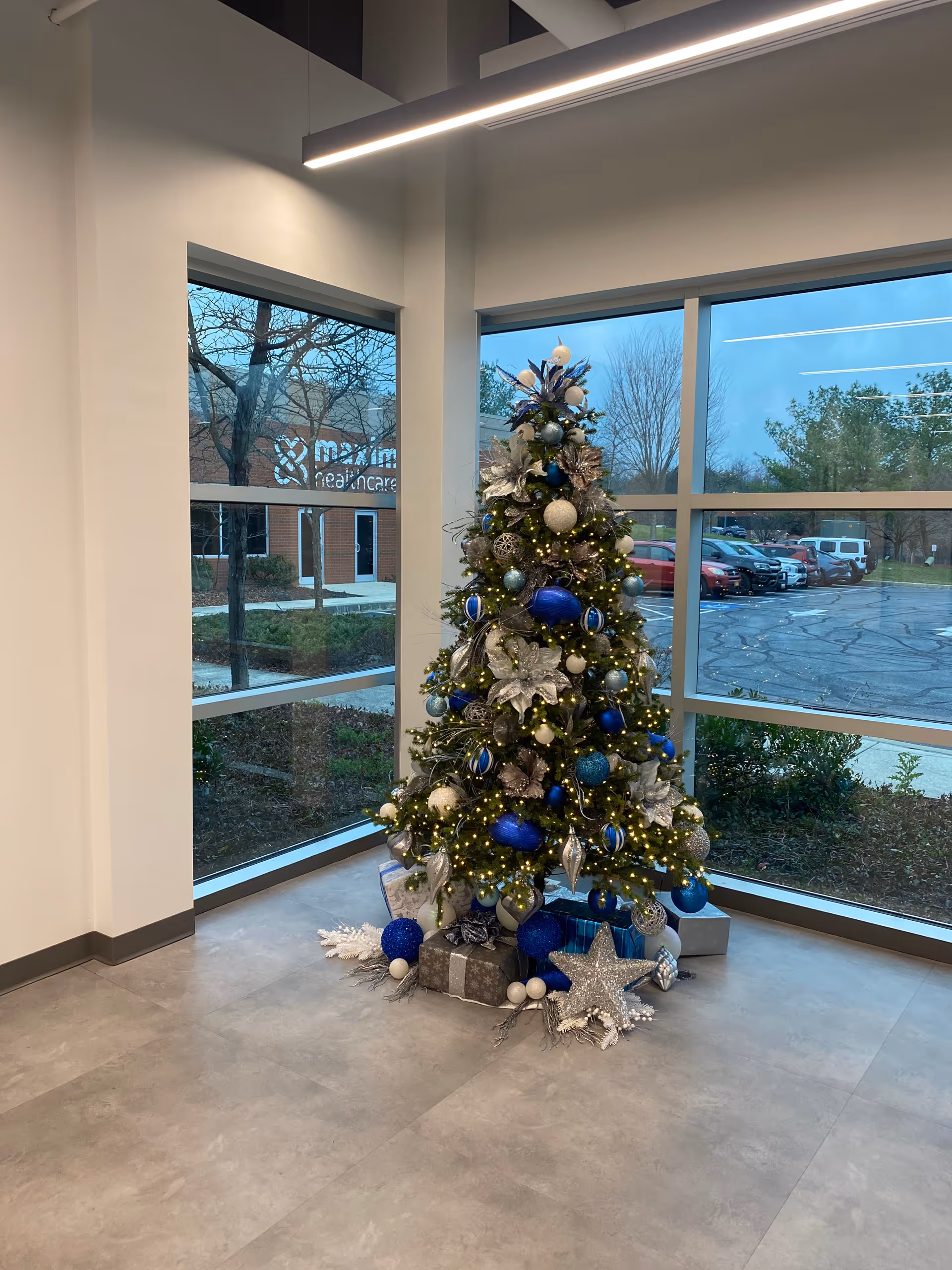 A decorated Christmas tree near large windows in a modern indoor lobby.