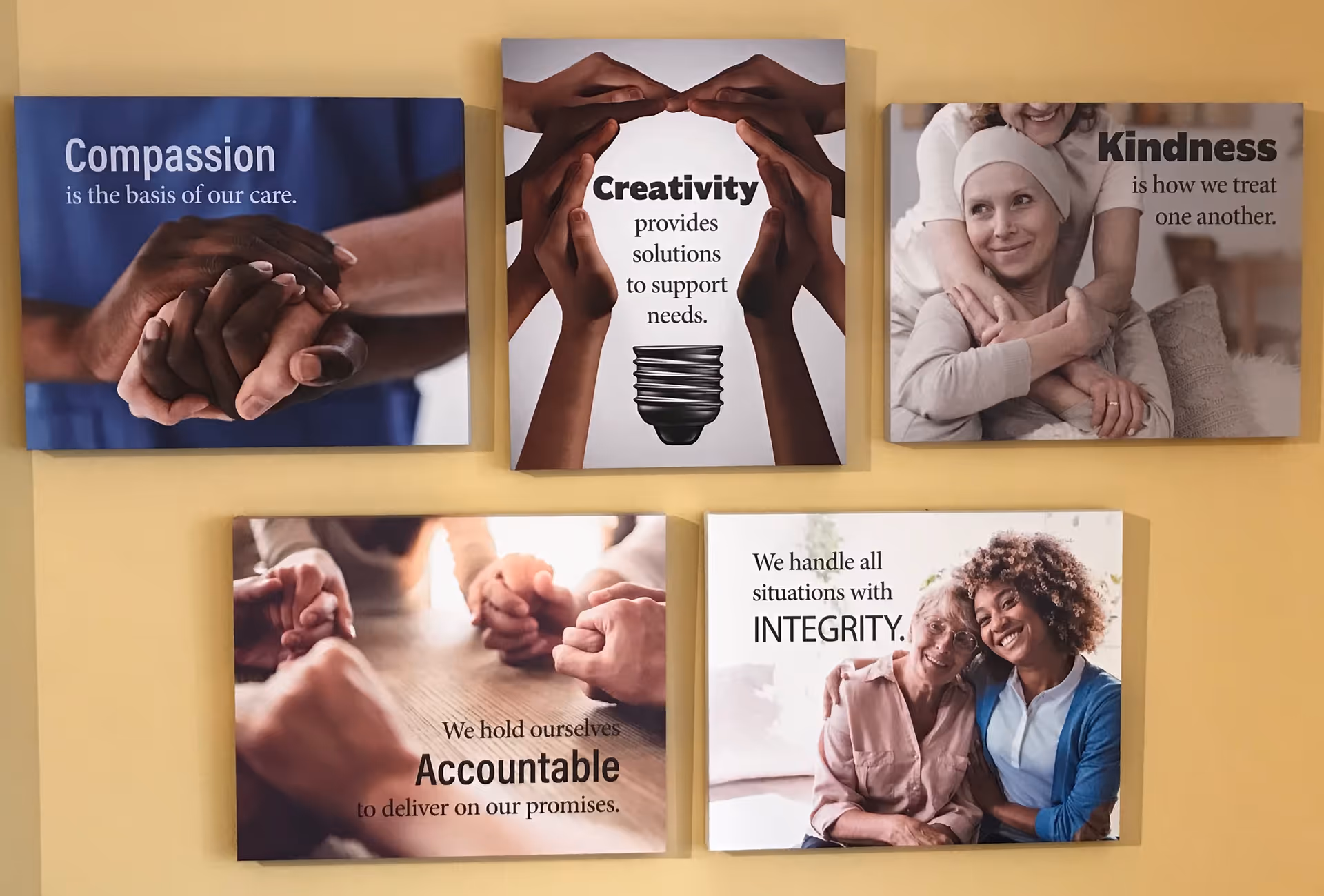Five framed motivational posters on a yellow wall display compassion, creativity, kindness, accountability, and integrity.