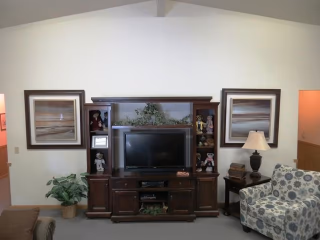 A wood entertainment center with TV, plants, framed art, and a patterned chair in living room.