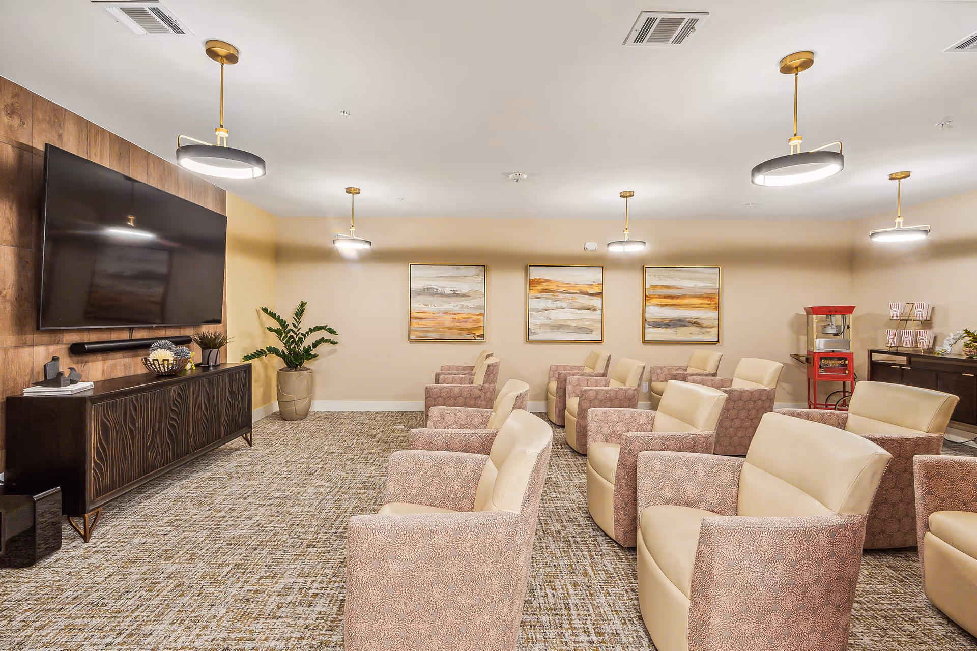 Senior living lounge with multiple cushioned chairs facing a large wall-mounted television.