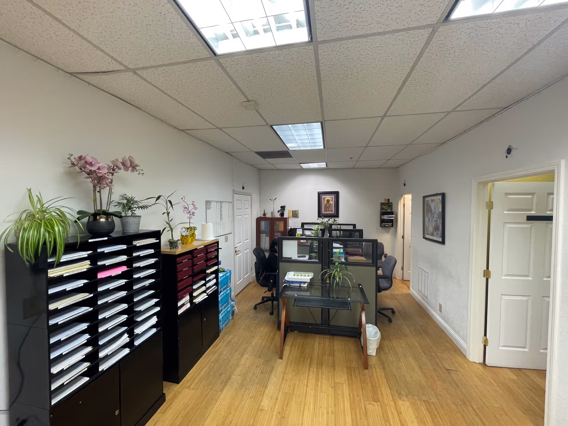 Office-like communal workspace with cubicles, filing shelves, and potted plants inside a hospice facility.