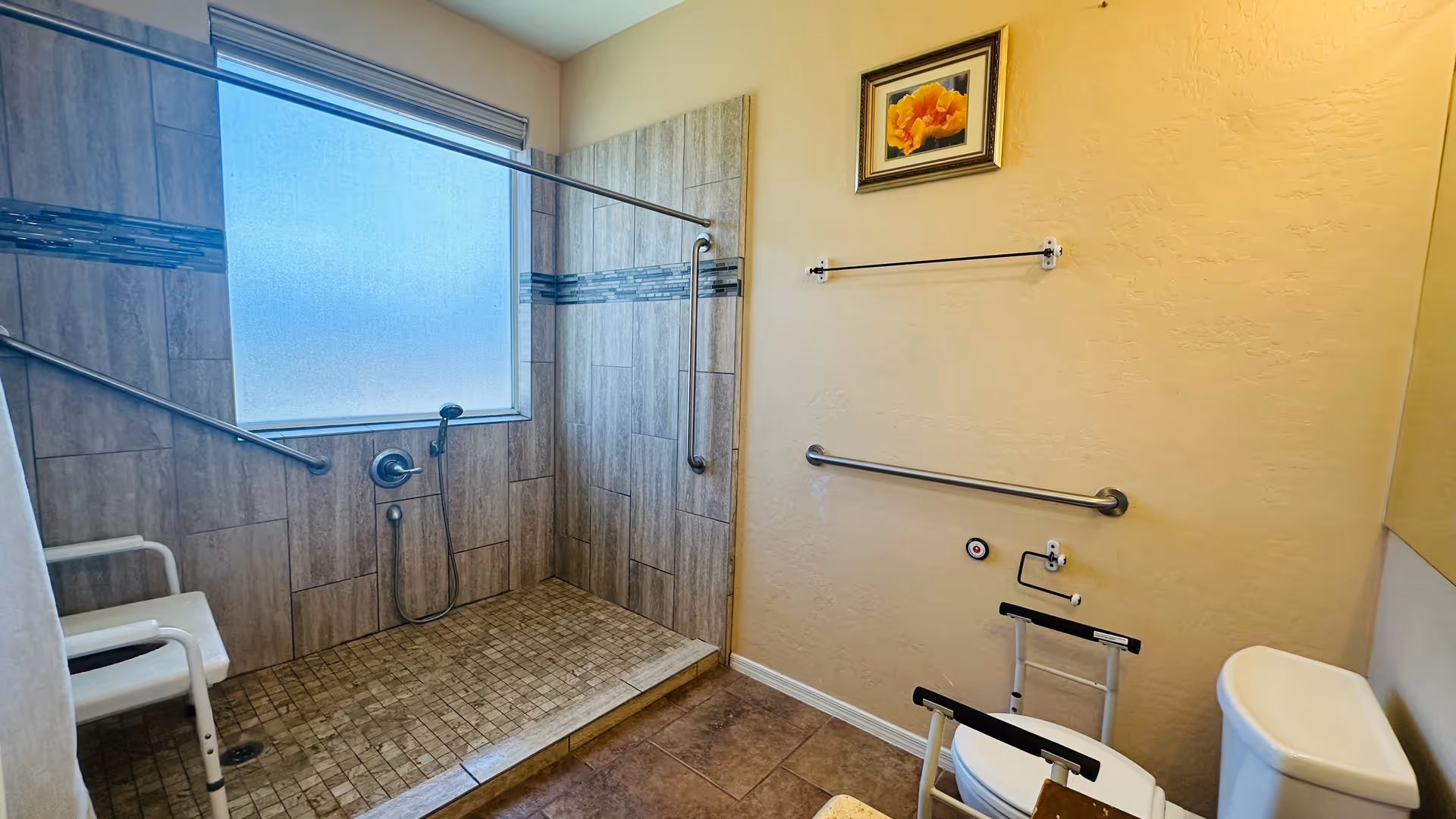 Accessible bathroom with walk-in shower, safety grab bars, and a toilet.