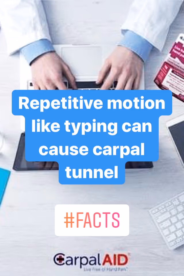 Hands typing on a keyboard with a blue speech bubble about carpal tunnel.