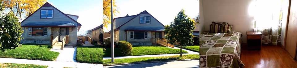 Three-panel view of Lynn Manor: exterior house fronts and a bedroom interior.