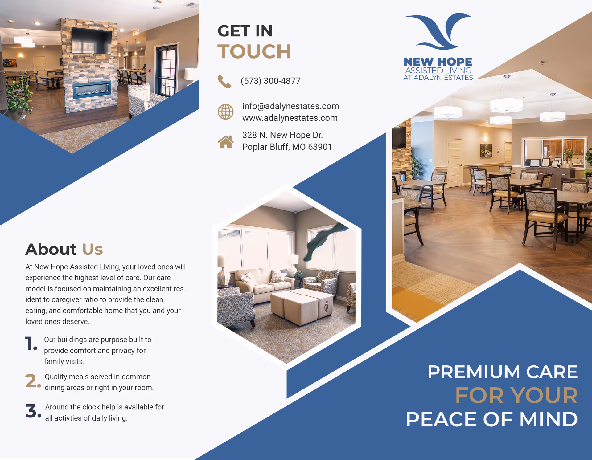Lobby and dining area of New Hope Assisted Living shown in a stylized brochure layout.