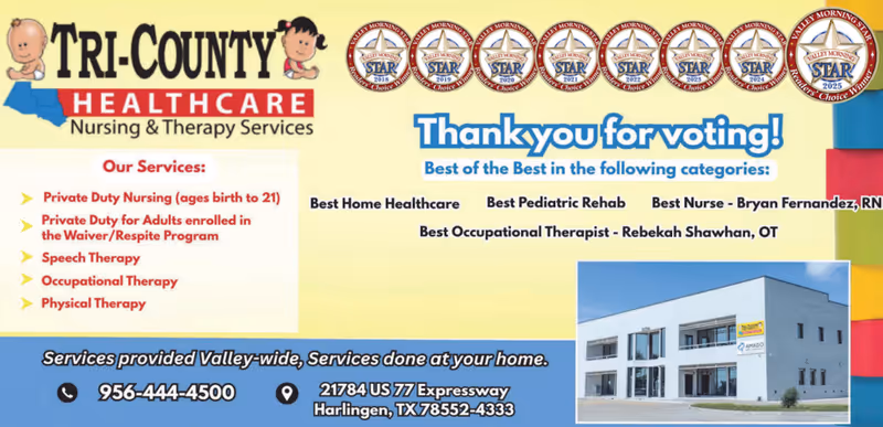 Promotional banner for Tri-County Healthcare with services list and a building exterior photo.