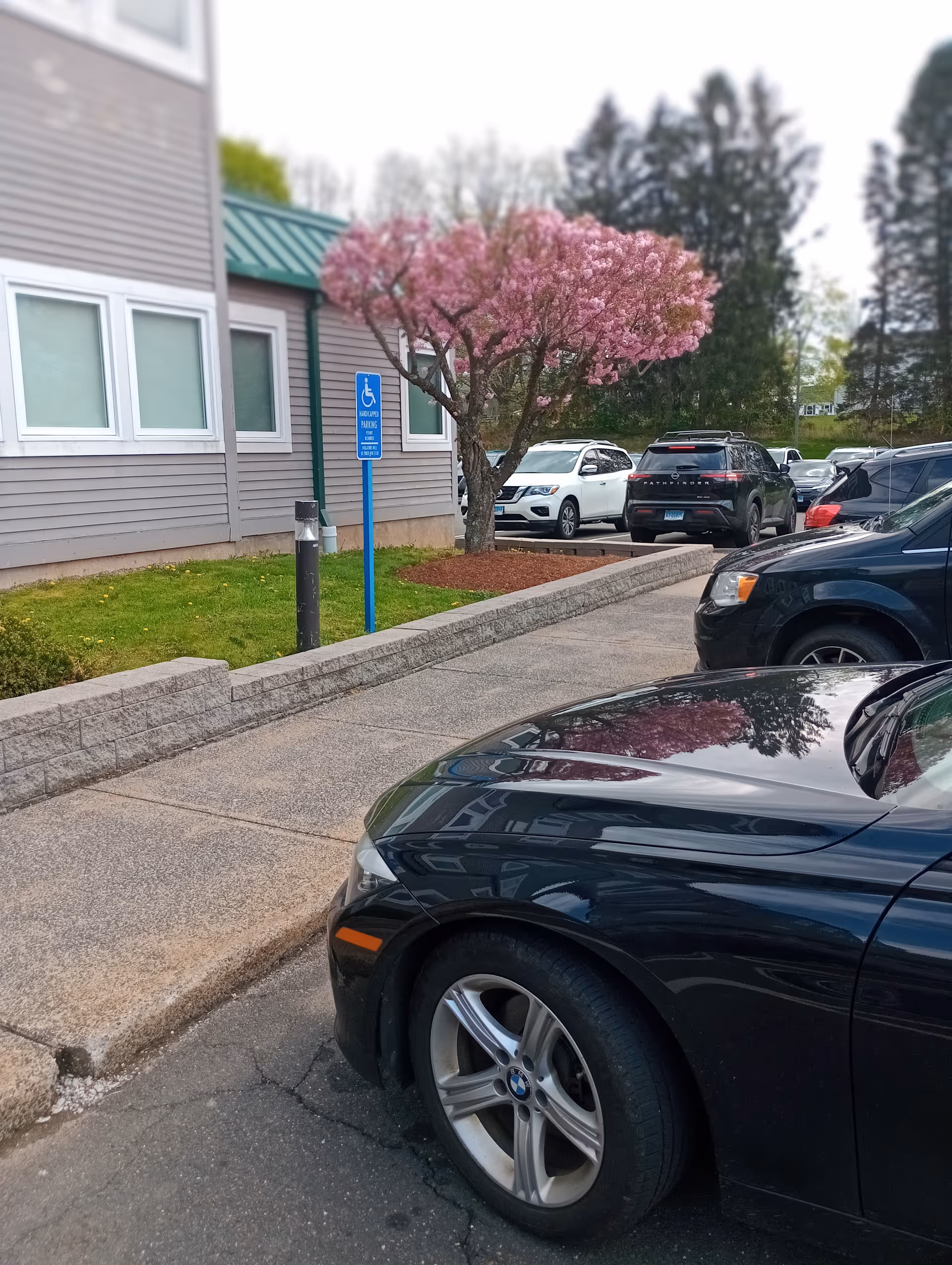Exterior of Gardner Heights senior living facility with parked cars and a pink flowering tree.