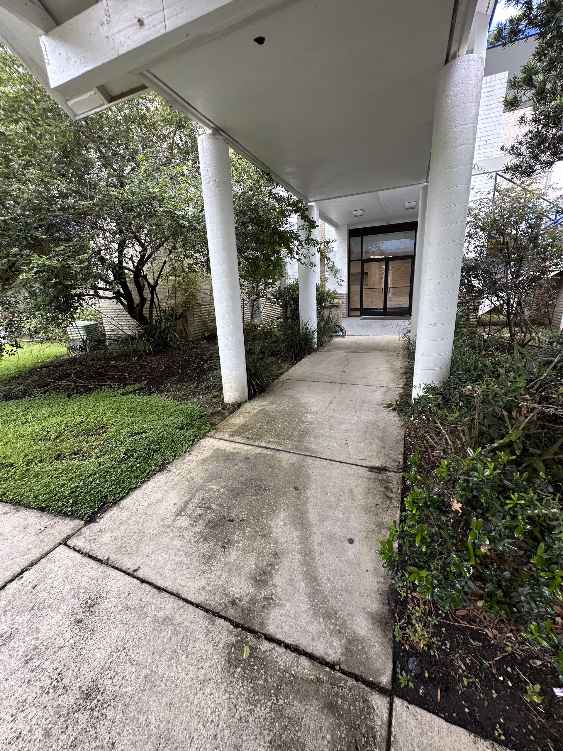 Concrete walkway under a covered entrance with white columns leading to glass doors of the facility.