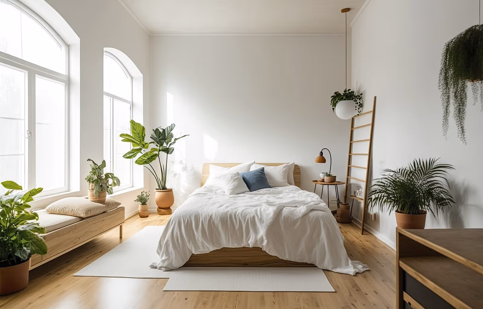 Bright bedroom with a bed, potted plants, and light wooden furniture by large windows.