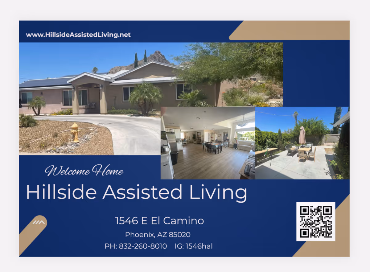 Collage-style flyer showing exterior building, interior dining area, and outdoor patio at Hillside Assisted Living.