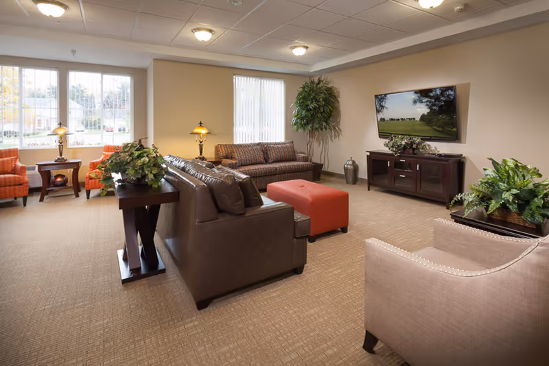 Well-lit senior living common room with sofas, armchairs, a wall-mounted TV, plants and large windows.