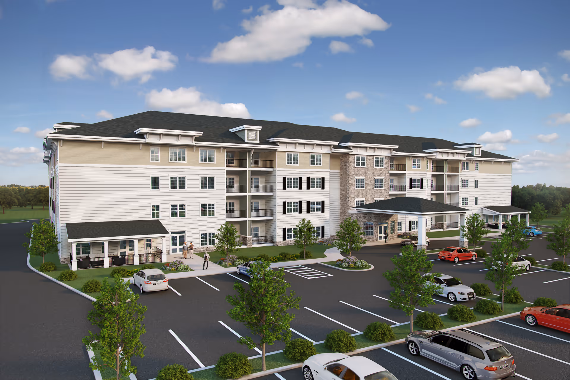 Exterior view of a large multi-story senior living building with a covered entrance, parking lot, and landscaped grounds under a blue sky.
