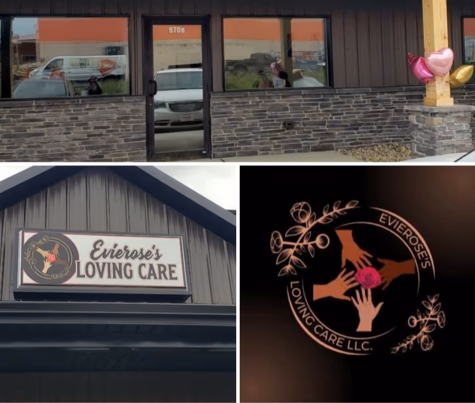 Exterior view of Evierose's Loving Care LLC building with sign and balloons.