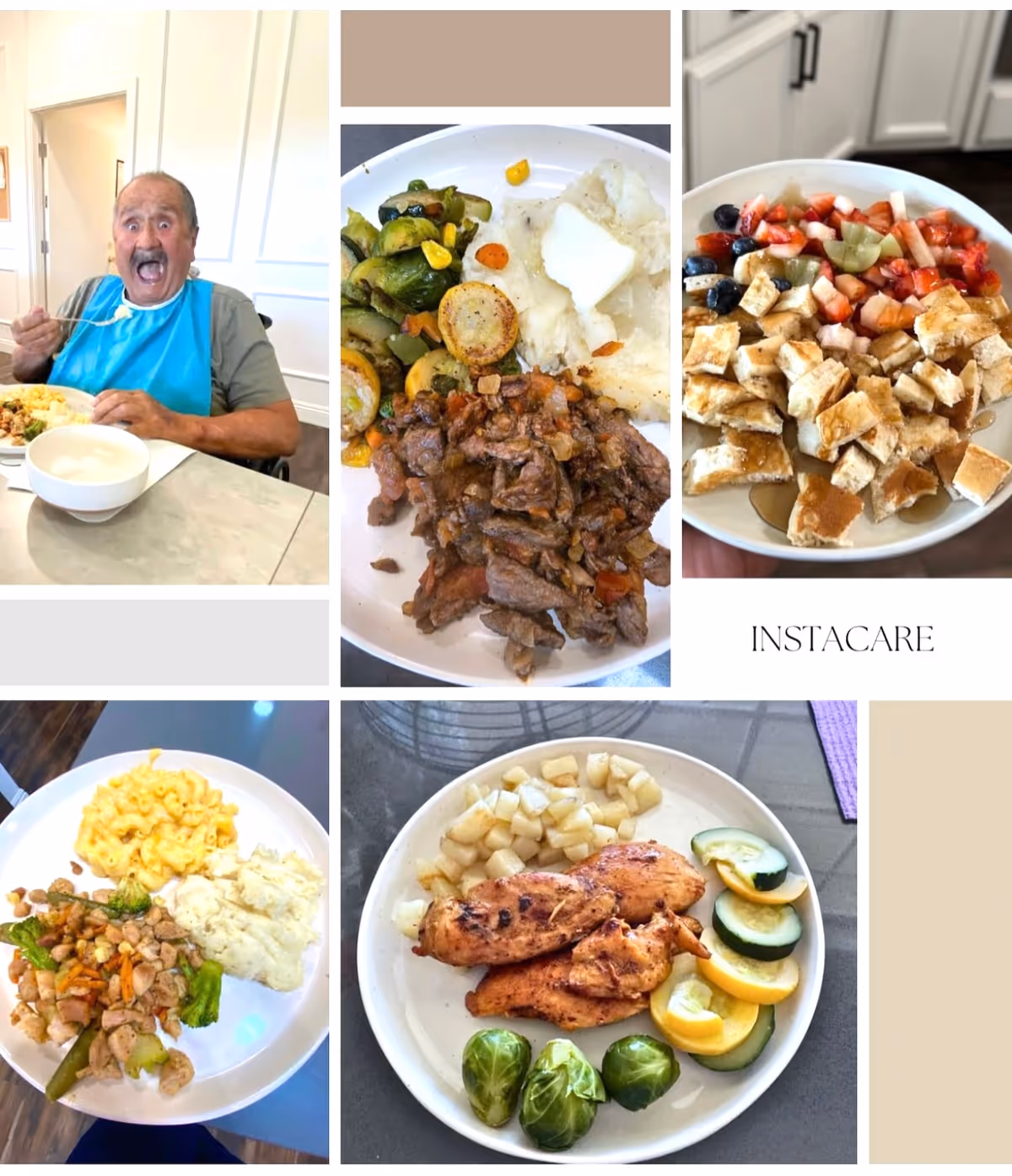 Elderly man dining at a table with assorted meals in a collage layout